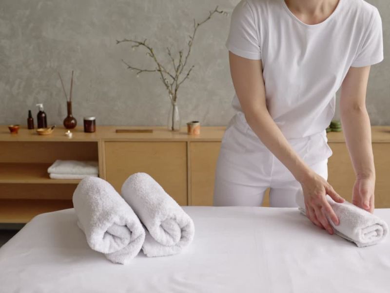 devojka postavlja peškire pre masaže na maserskom stolu